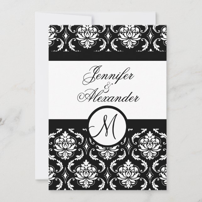 Wedding Monogram Damask Black & White Invitation (Front)