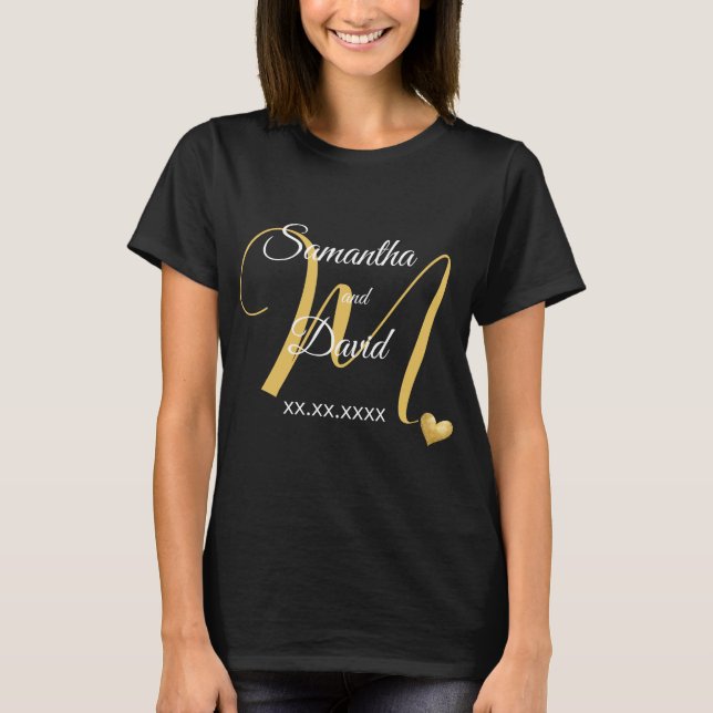 Wedding Monogram Design with Names and Date T-Shirt (Front)