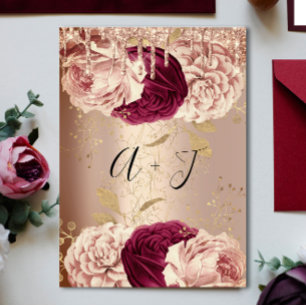 Wedding Monogram Drips Florals Marsala Rose Gold Invitation