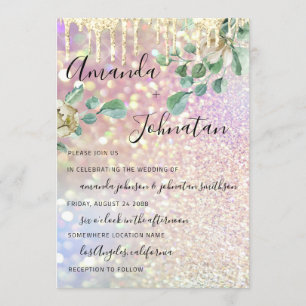 Wedding Monogram Drips Florals Mint Glitter Rose Invitation
