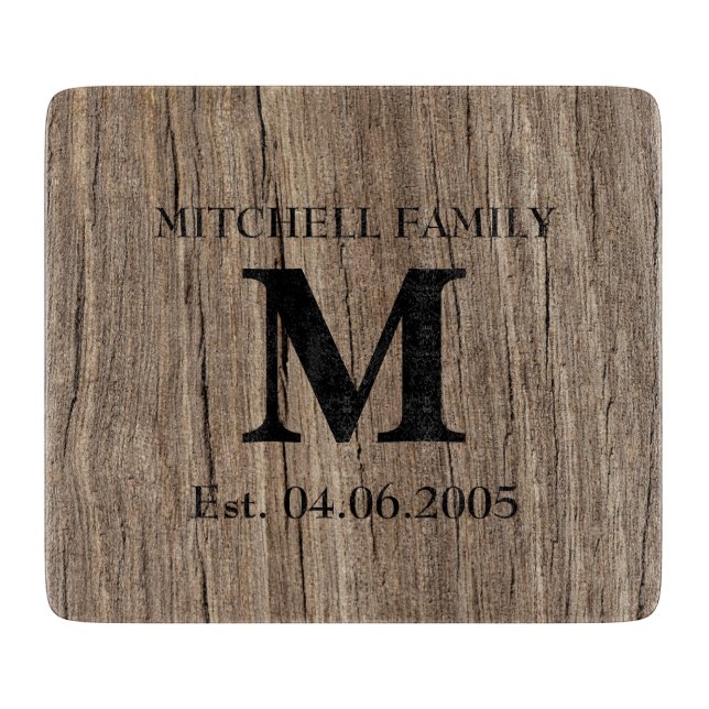 Wedding monogram faux wood initial family rustic cutting board (Front)