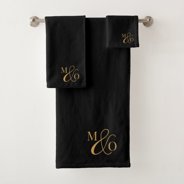 Wedding Monogram Gold Initials Serif Script Black Bath Towel Set (Insitu)