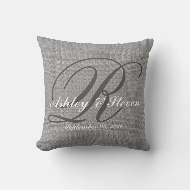 Wedding Monogram Grey Rustic Linen Look Cushion (Front)