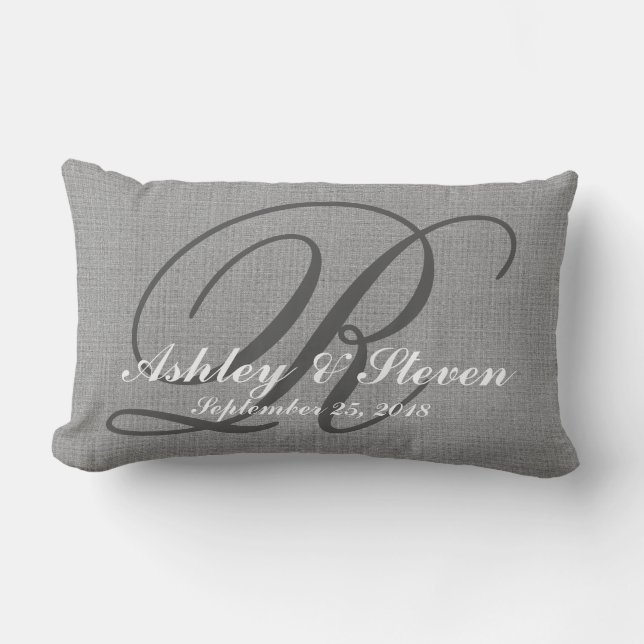 Wedding Monogram Grey Rustic Linen Look Lumbar Cushion (Front)