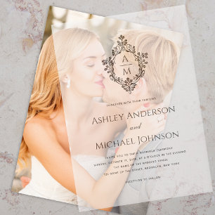 Wedding Monogram in Crest Black and White Elegant Vellum Invitations