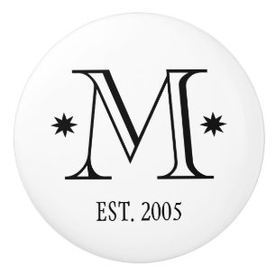 Wedding monogram initial date black white modern ceramic knob