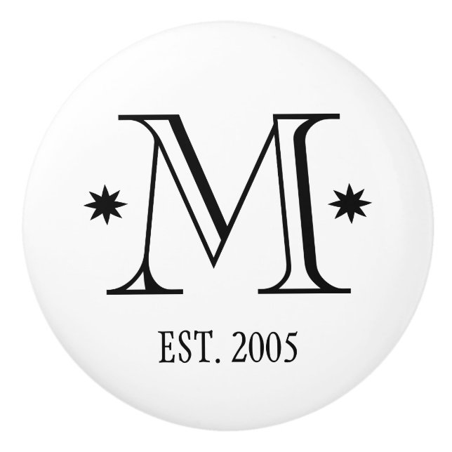 Wedding monogram initial date black white modern ceramic knob (Front)
