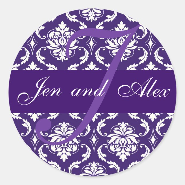 Wedding Monogram J Purple Damask Favour Sticker (Front)