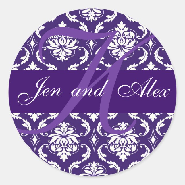 Wedding Monogram K Purple Damask Favour Sticker (Front)