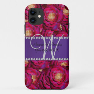 Wedding monogram maroon pink roses iPhone 11 case