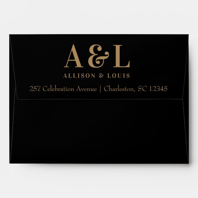 Wedding Monogram Minimalist Black Gold Envelope (Back (Top Flap))