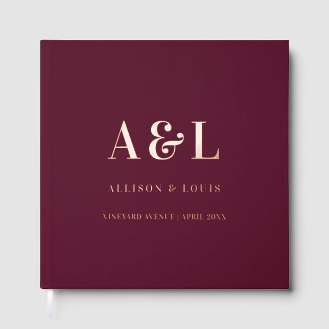 Wedding Monogram Minimalist Burgundy Gold Guest Book (Front)