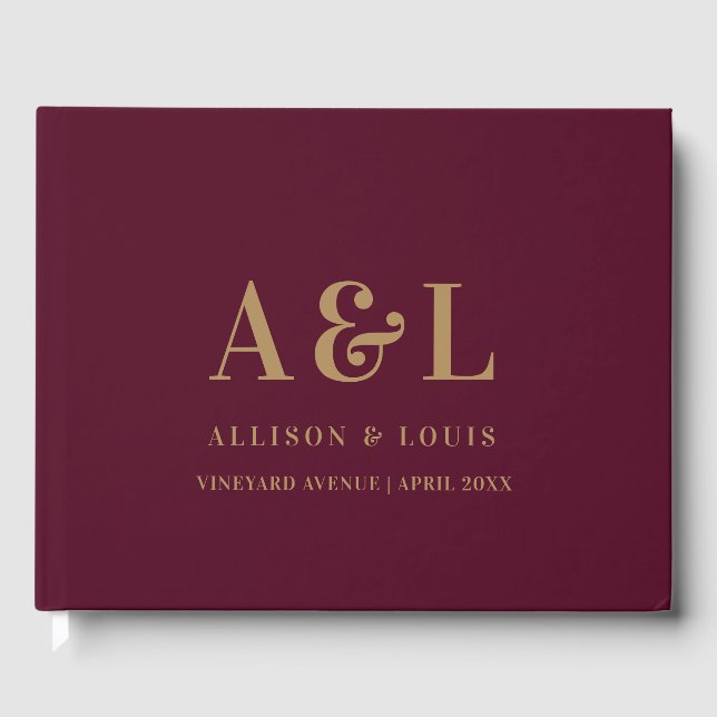 Wedding Monogram Minimalist Burgundy Gold Guest Book (Front)