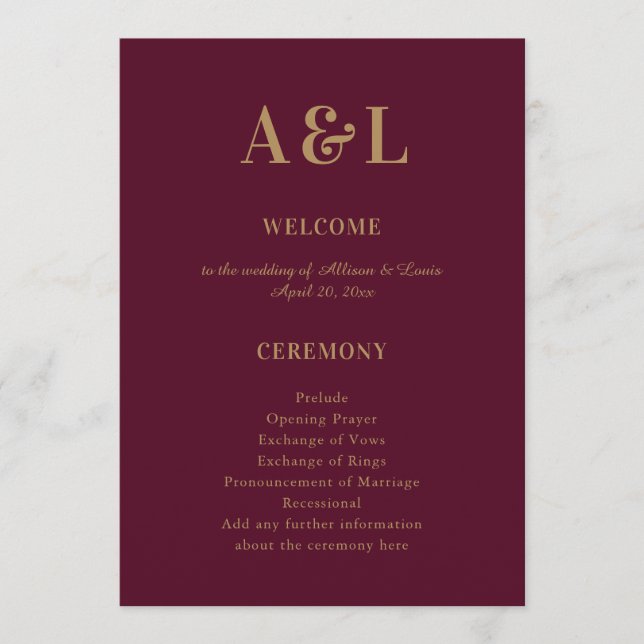 Wedding Monogram Minimalist Burgundy Gold Program (Front)