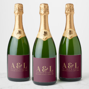 Wedding Monogram Minimalist Burgundy Gold Sparkling Wine Label