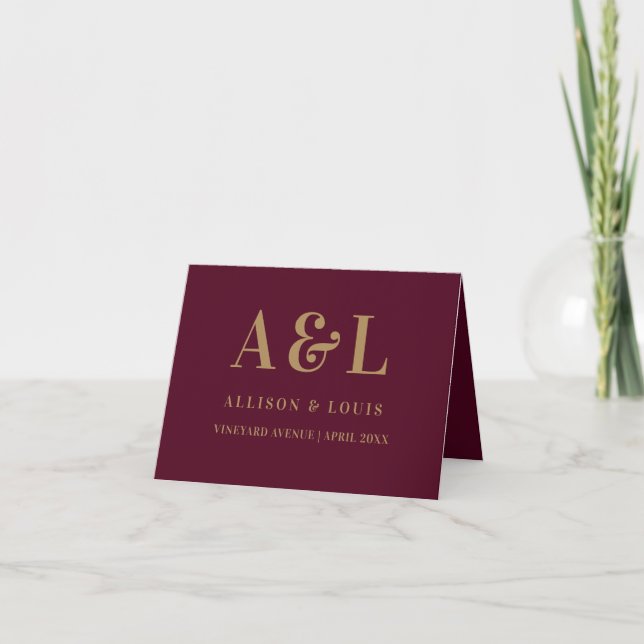 Wedding Monogram Minimalist Burgundy Gold Thank You Card (Front)
