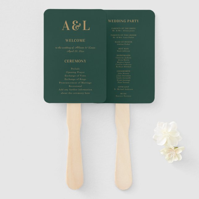 Wedding Monogram Minimalist Emerald Green Gold Hand Fan (Front and Back)