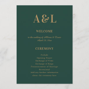 Wedding Monogram Minimalist Emerald Green Gold Program