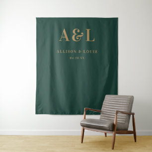 Wedding Monogram Minimalist Emerald Green Gold Tapestry