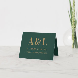 Wedding Monogram Minimalist Emerald Green Gold Thank You Card