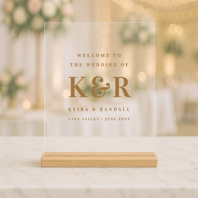 Wedding Monogram Minimalist Gold Welcome Acrylic Sign (Creator Uploaded)