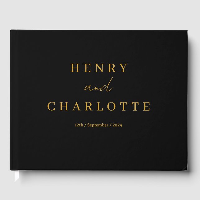 Wedding Monogram Minimalist Simple Gold and Black Guest Book (Front)
