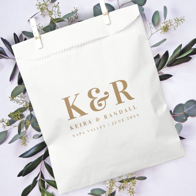Wedding Monogram Minimalist Simple Gold and White Favour Bag (Creator Uploaded)