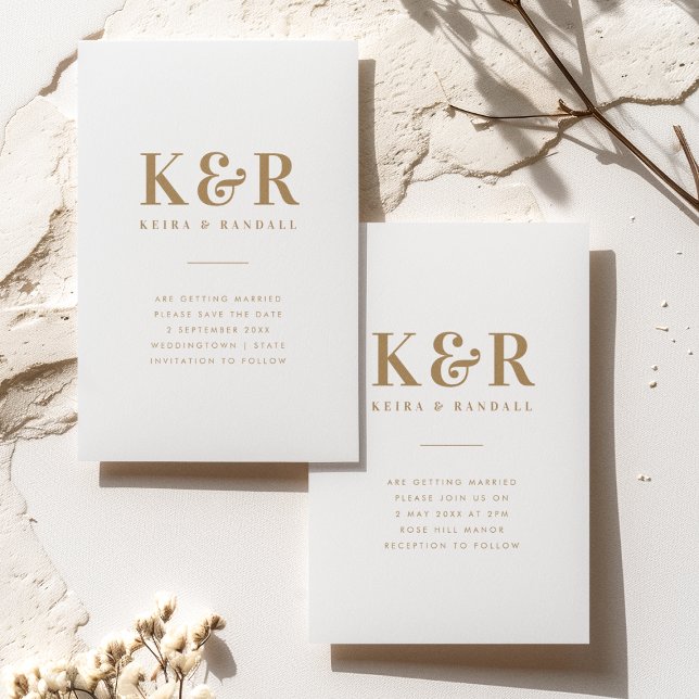 Wedding Monogram Minimalist Simple Gold and White Invitation (Creator Uploaded)