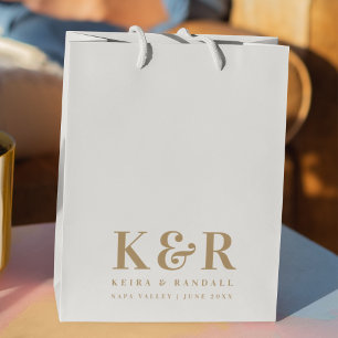 Wedding Monogram Minimalist Simple Gold and White Medium Gift Bag