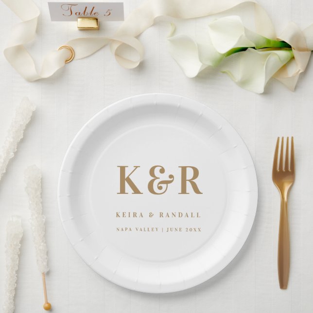 Wedding Monogram Minimalist Simple Gold and White Paper Plate (Wedding)