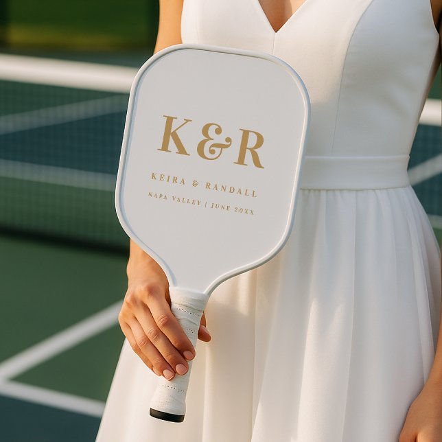 Wedding Monogram Minimalist Simple Gold and White Pickleball Paddle (Creator Uploaded)