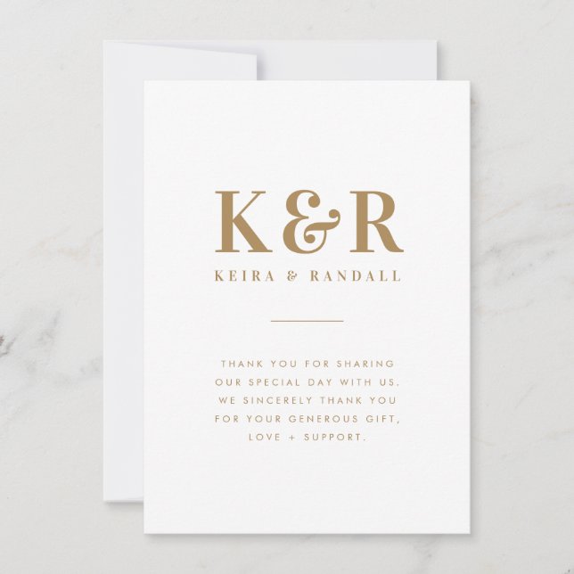 Wedding Monogram Minimalist Simple Gold and White Thank You Card (Front)