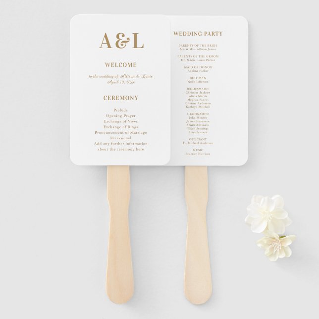 Wedding Monogram Minimalist White Gold Hand Fan (Front and Back)