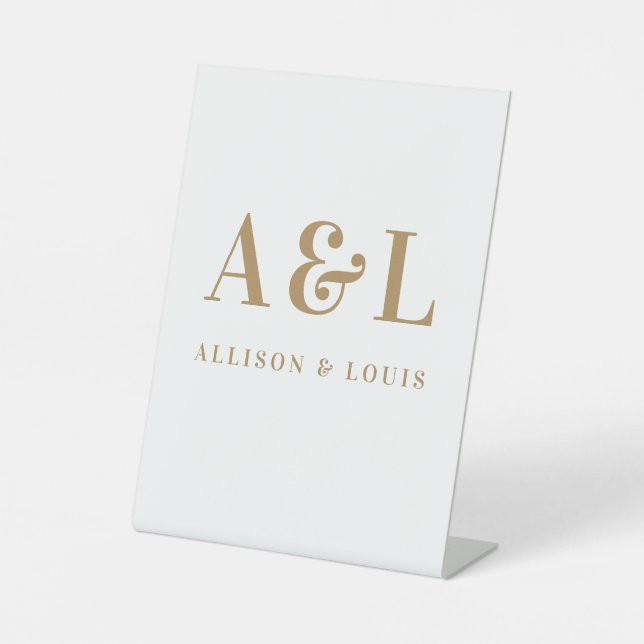 Wedding Monogram Minimalist White Gold Pedestal Sign (Front)