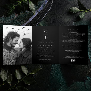 Wedding Monogram Modern Black 2 Photos QR Code Tri-Fold Invitation
