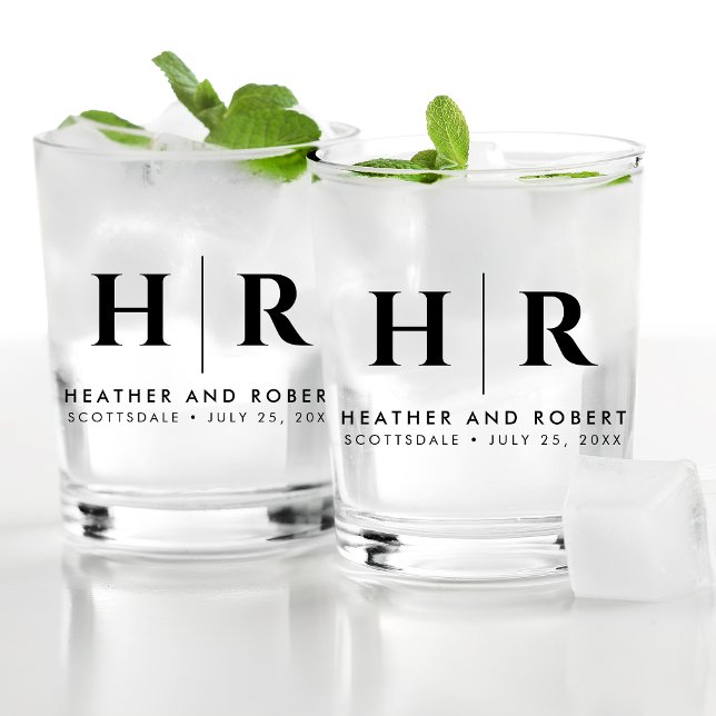 Wedding Monogram Modern Custom Bride and Groom Whiskey Glass (Creator Uploaded)