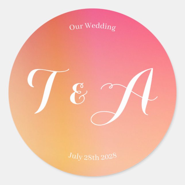 Wedding Monogram Modern Sunset Ombre Classic Round Sticker (Front)