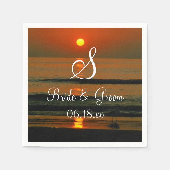 Wedding Monogram Name Dates Sunset Beach Napkins (Front)