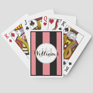 WEDDING monogram & Name on BLACK  & CORAL stirpes Playing Cards