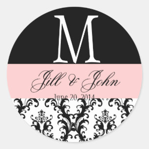 Wedding Monogram Names Date Damask Black Pink Classic Round Sticker