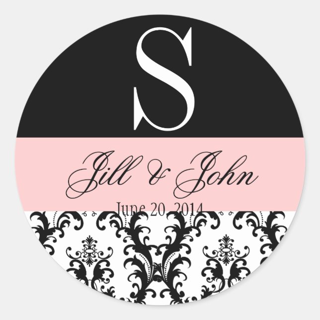 Wedding Monogram Names Date Damask Black Pink Classic Round Sticker (Front)