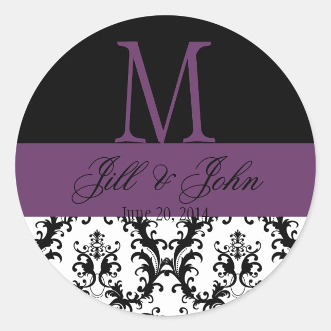 Wedding Monogram Names Date Damask Black Purple Classic Round Sticker (Front)