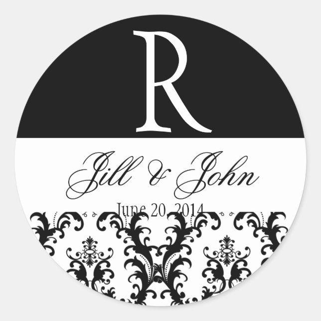 Wedding Monogram Names Date Damask Black White Classic Round Sticker (Front)
