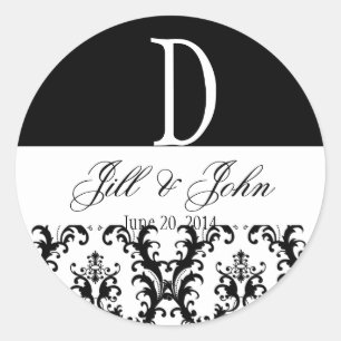 Wedding Monogram Names Date Damask Black White Classic Round Sticker