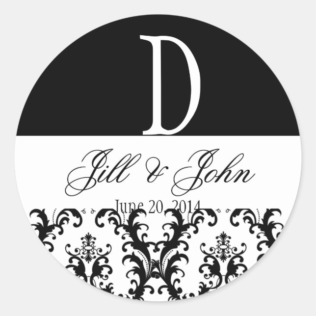 Wedding Monogram Names Date Damask Black White Classic Round Sticker (Front)