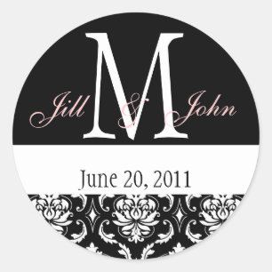 Wedding Monogram Names Date Damask Black White Classic Round Sticker