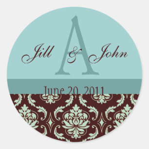 Wedding Monogram Names Date Damask Brown Blue Classic Round Sticker