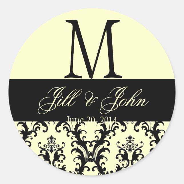 Wedding Monogram Names Date Damask Ivory Seal (Front)