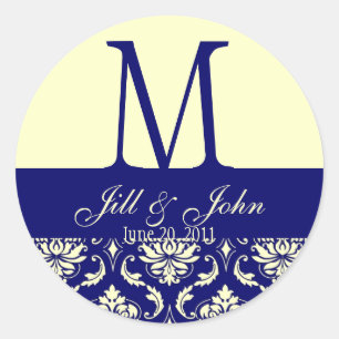 Wedding Monogram Names Date Damask Navy Cream Classic Round Sticker