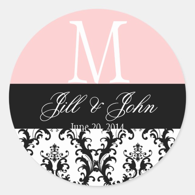 Wedding Monogram Names Date Damask Pink Seal (Front)